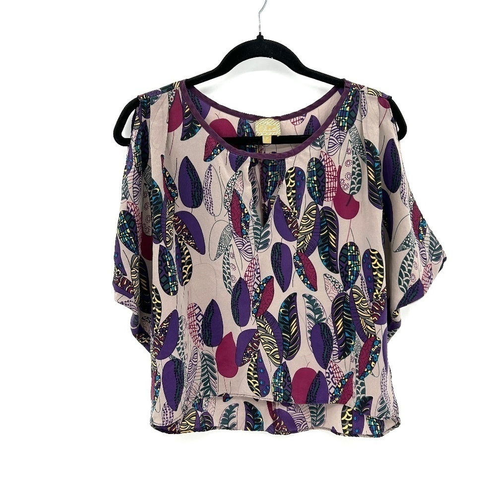 POSTELLA 100% Silk Pink Purple Leaf Print Batwing Sleeve Blouse Top Size Small